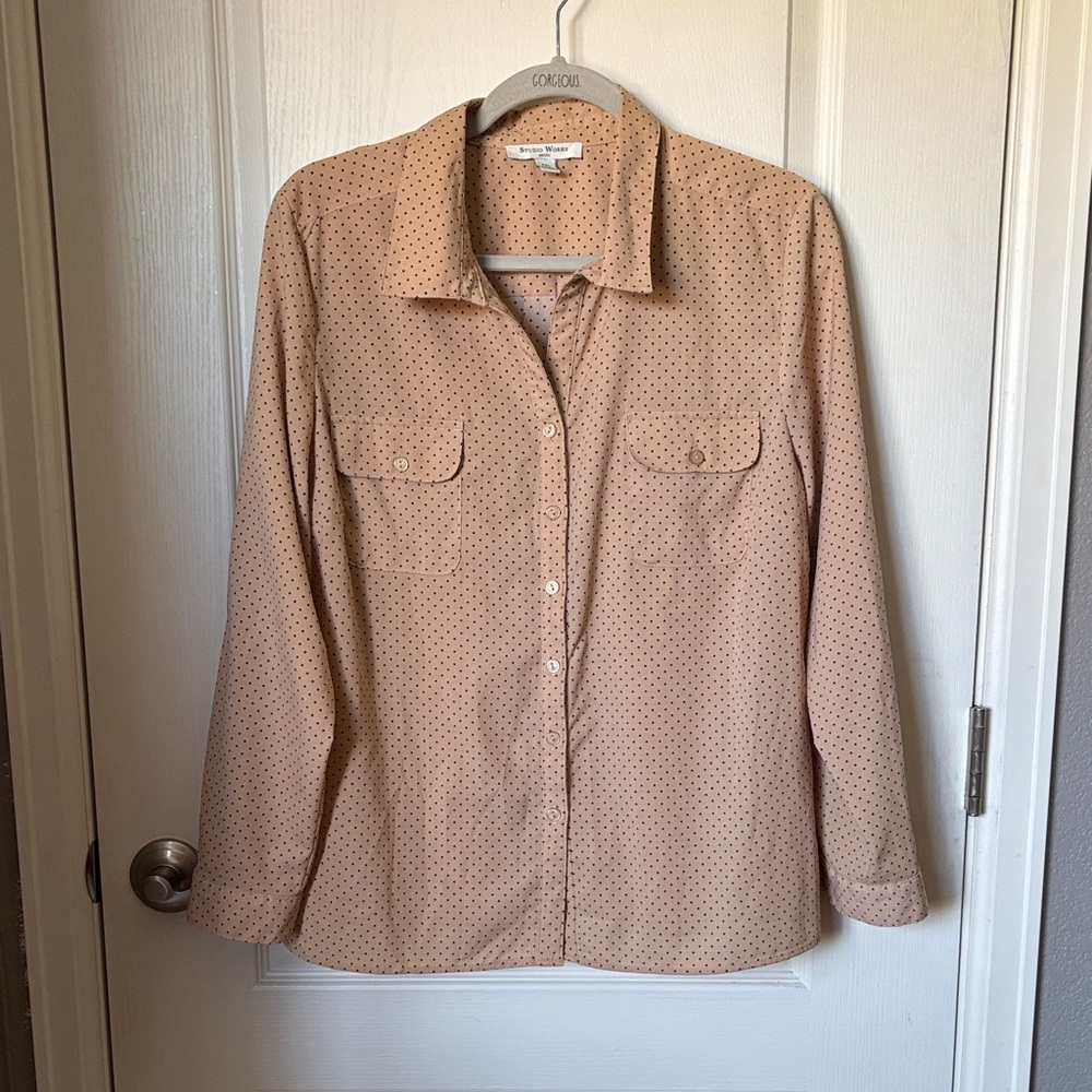 Studio Works Tan and Black Polka Dot Top